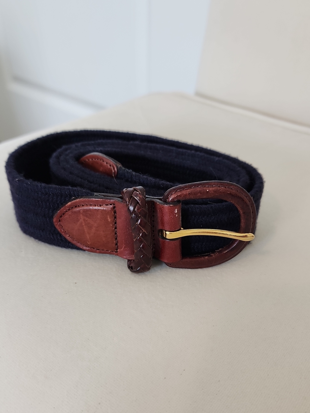 Women's Navy Woven Belt with Brown Leather Trim Sz XL